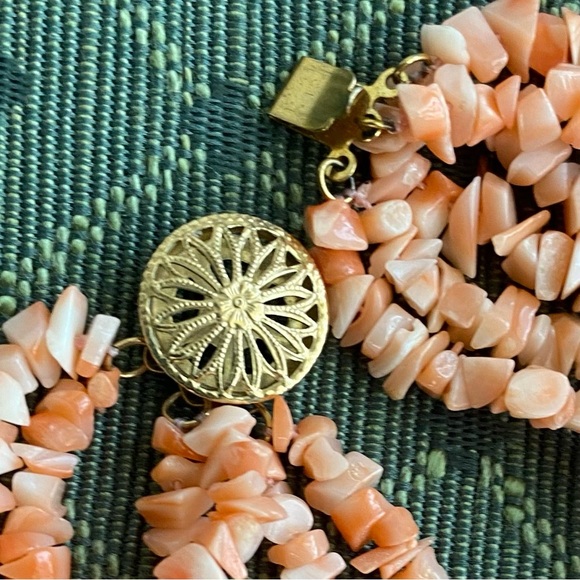 16” Six Strand Coral Chip Necklace with gold filled filigree clasp - Picture 2 of 5
